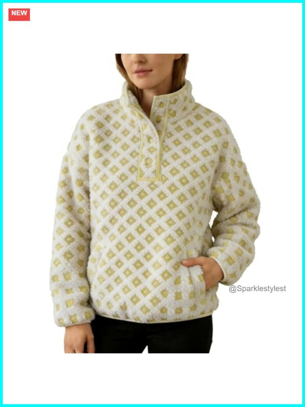 Oversized Checkered Fleece Sweatshirt Mock Neck Pullover Hoodie Women